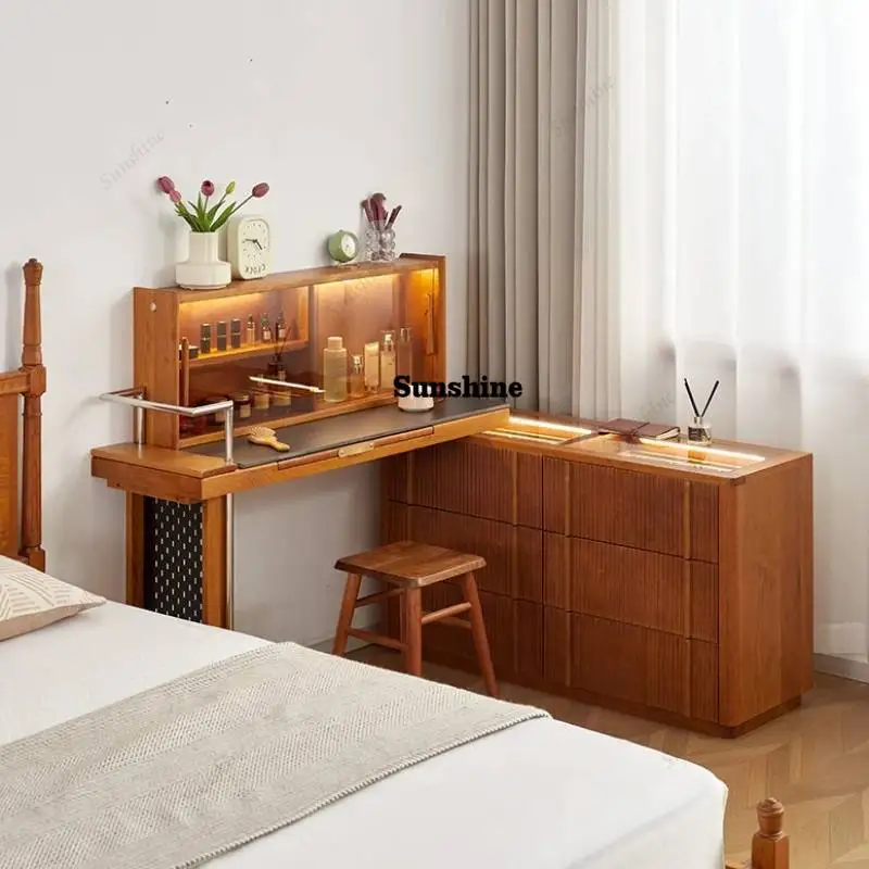 

Folding Outlet Glass Vanity Tables Wood Woman Brown Storage Drawers Dresser Makeup Luxury Nordic Coiffeuse Bedroom Furniture