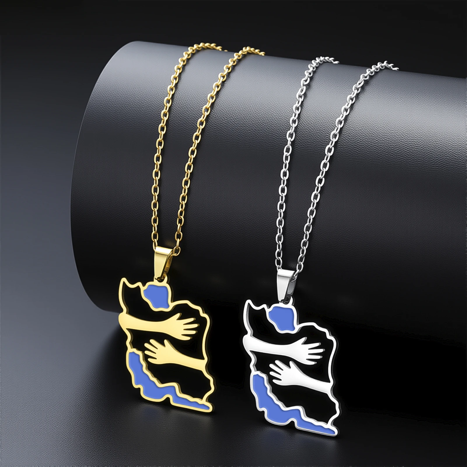 Embracing Iran Map Necklace with Both Hands Stainless Steel Geographical Iran Necklace Fashionable Ethnic Jewelry Souvenir Gift