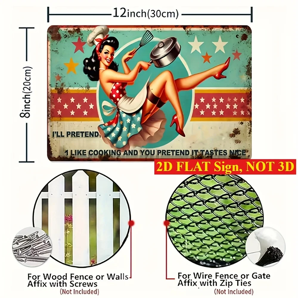 2D Flat, 6pcs Retro Metal Tin Wall Art Set with Humorous Women Quotes - 8x12 Inch Waterproof Rust-Resistant Kitchen Decor, "D