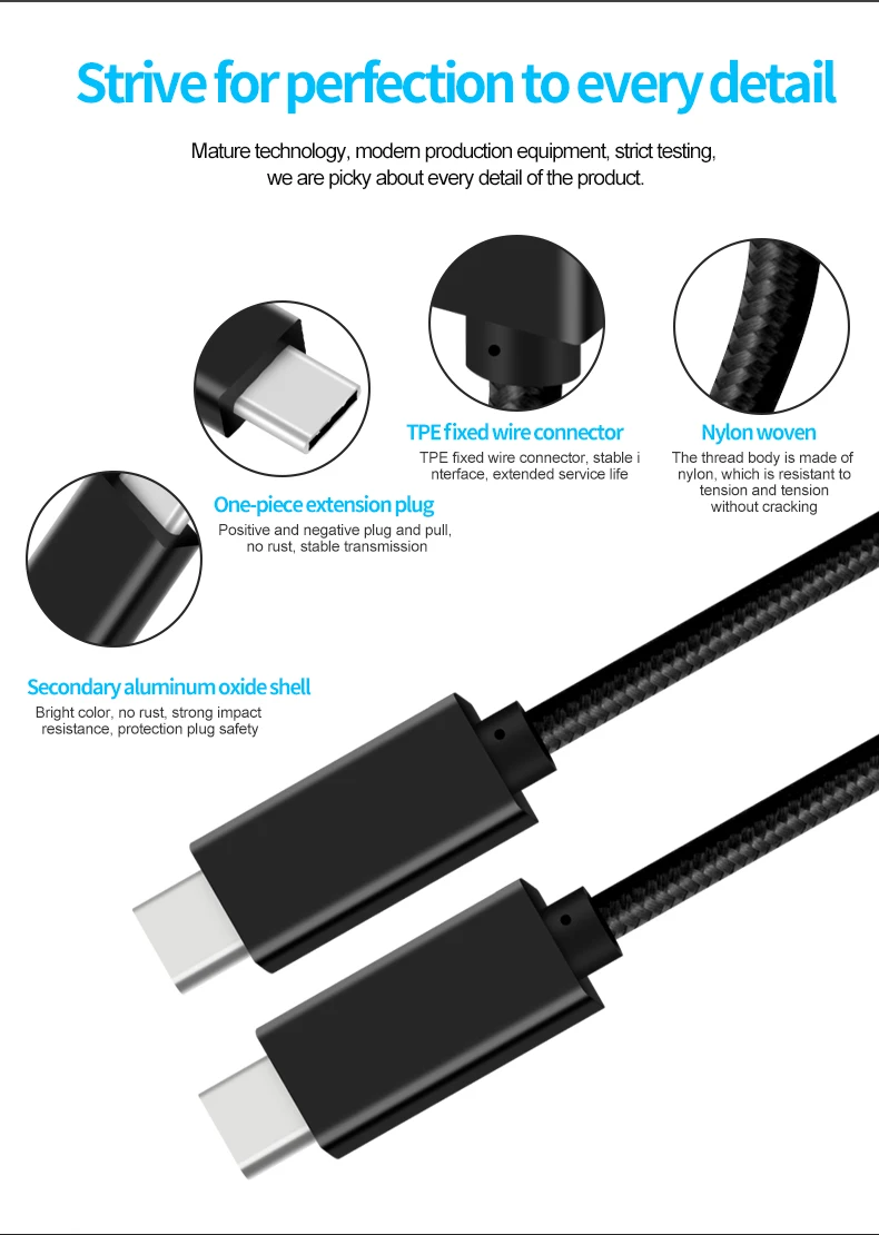 USB Type C kabel usb3.1 gen2,10フィート,100 p,4/3 W,5a,ビデオ,4kディスプレイ,SamsungおよびHDTVと互換性があります