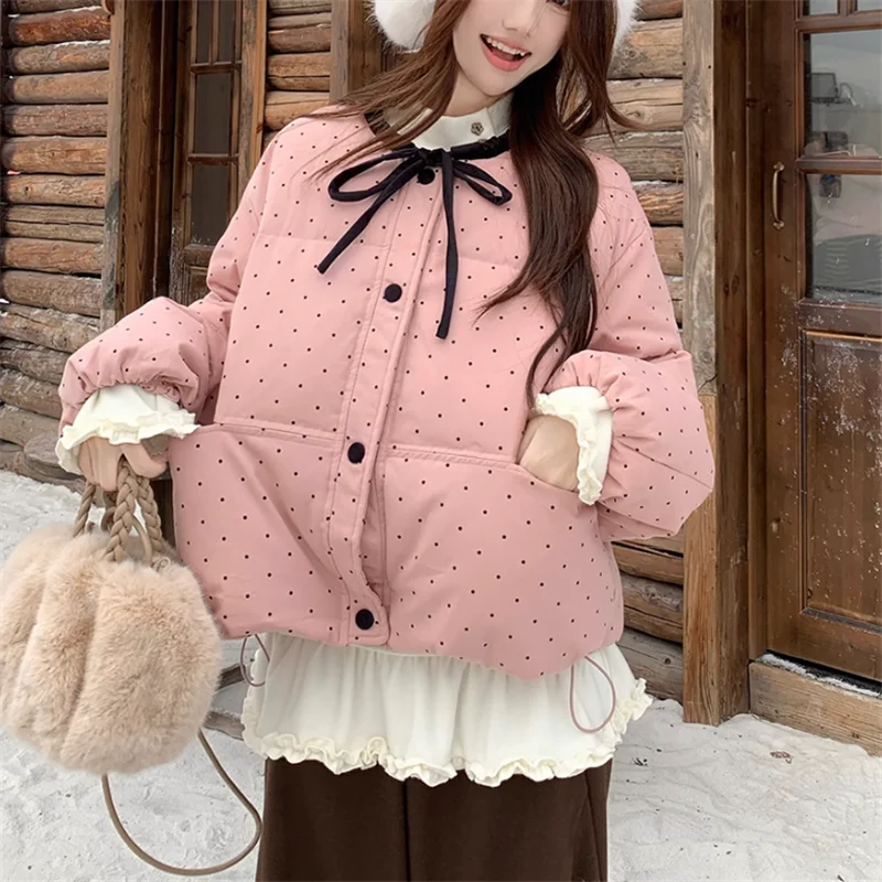 الحلو فتاة الوردي الأزرق البولكا نقطة قصيرة سترة موضة سترة سميكة جديد الشتاء المرأة س الرقبة لطيف القوس معطف فضفاض معطف دافئ غير رسمي #3