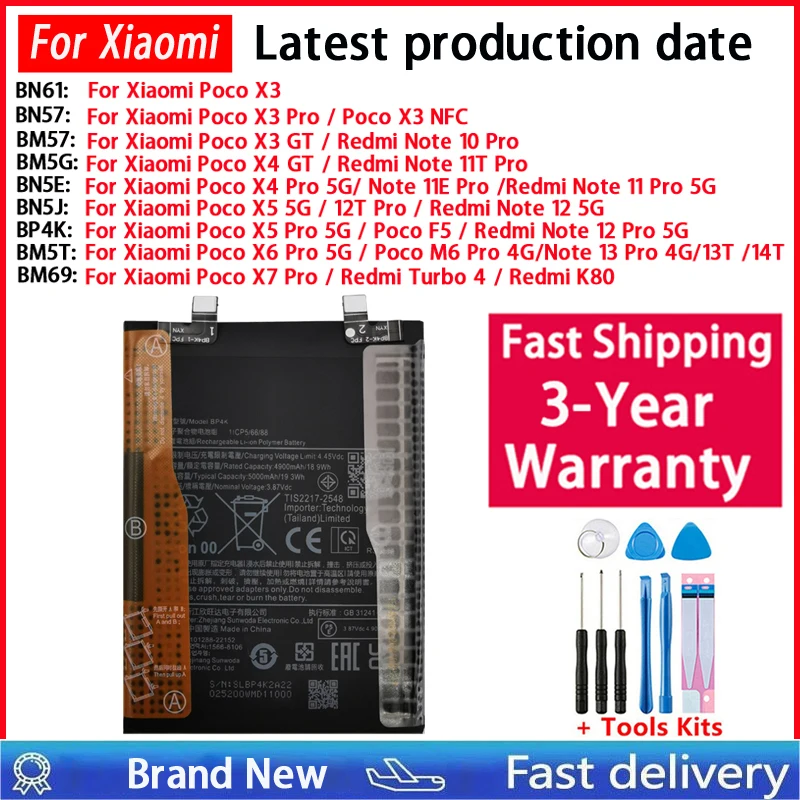 2026 Years BN57 BP4K BN5E BM5T For Xiaomi Redmi Note 10 11 11T 11E 12 12T 13 13T 14T Poco X3 X4 X5 F5 X6 X7 GT Pro 5G Batería