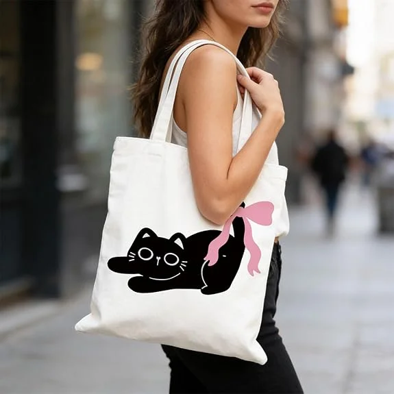 Cute Cat Tote Bag Shoulder Bag Idea Cat Lover Gift Kawaii Aesthetic Canvas Bag Handbag for Women Men Versatile Minimalist