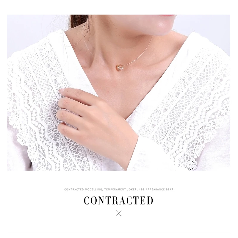 Baffin Women Invisible Line Necklace Simple Heart Crystals From Austria Pendant Choker Transparent Fishing Line Collier Femme