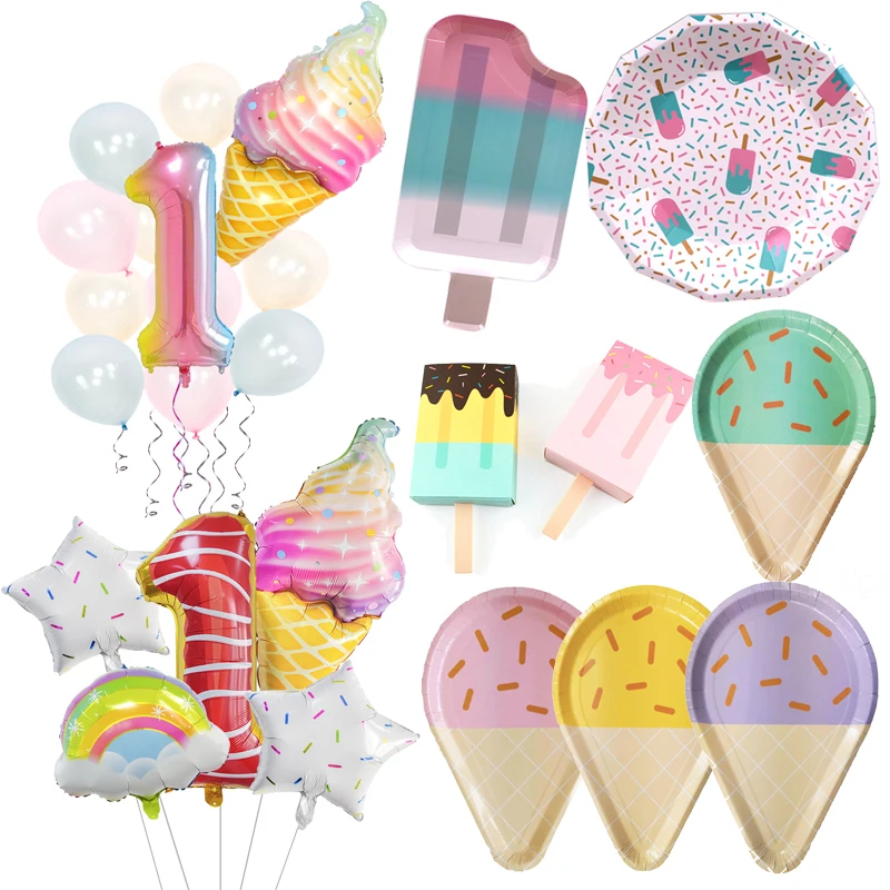 Ice Cream Cartoon Summer Party Balloon Set Disposable Tableware Paper Plates Cups Carnival Decor Baby Shower Birthday Supplies