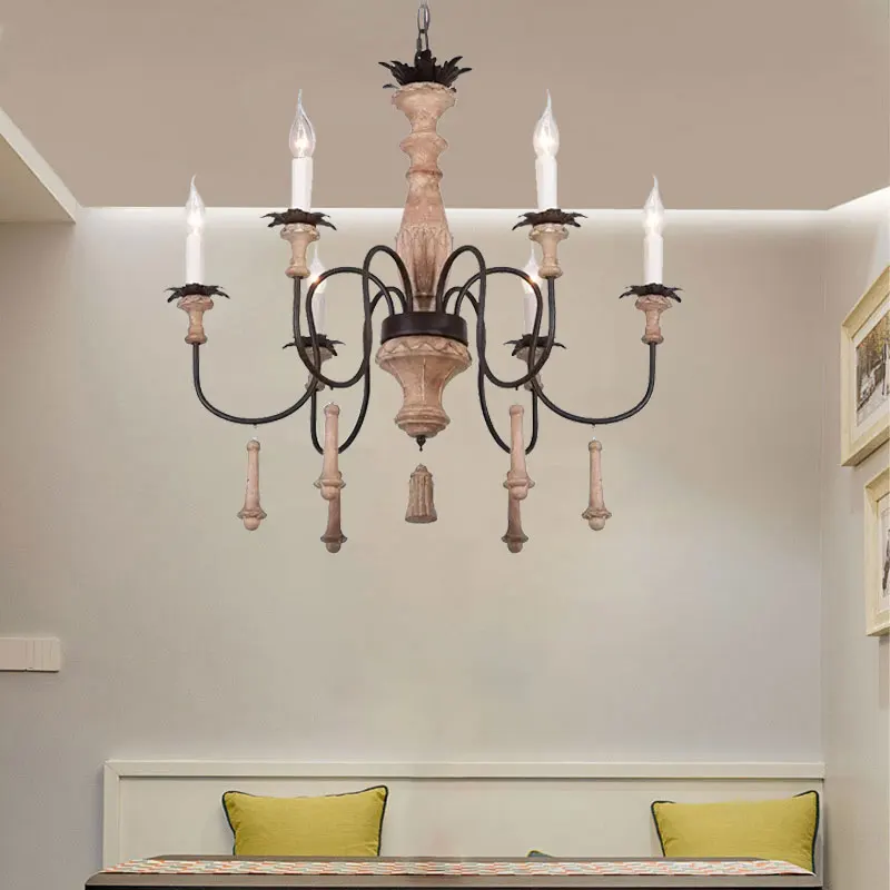 

Creative Iron French Style Wood Chandelier Light American Rural Living Room Restaurant Kitchen Clothing Store Pendent Lamp