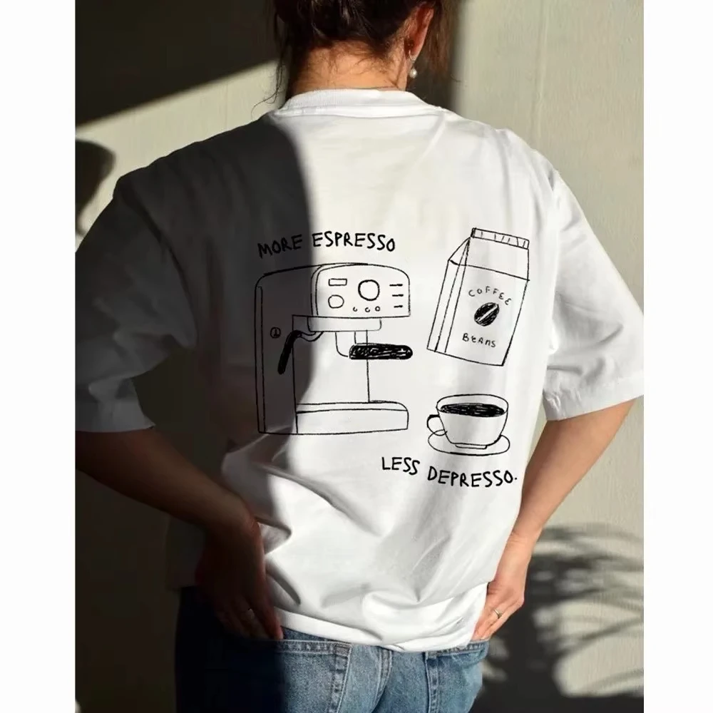 

Aesthetic Coffee Lover Graphic Tees Unisex Short Sleeve Loose Cotton T Shirts More Espresso Less Depresso Letter Print T-Shirt