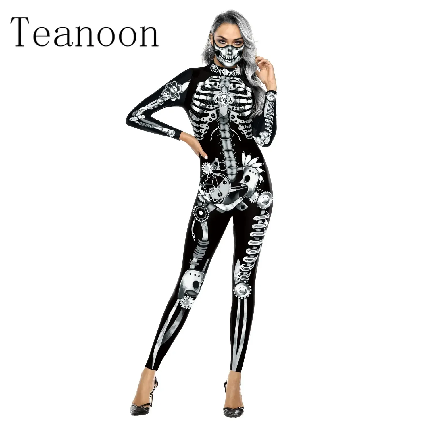 Women Halloween Party Costume Skull Print Long Sleeve Jumpsuit Outfit Skeleton Costume Adults