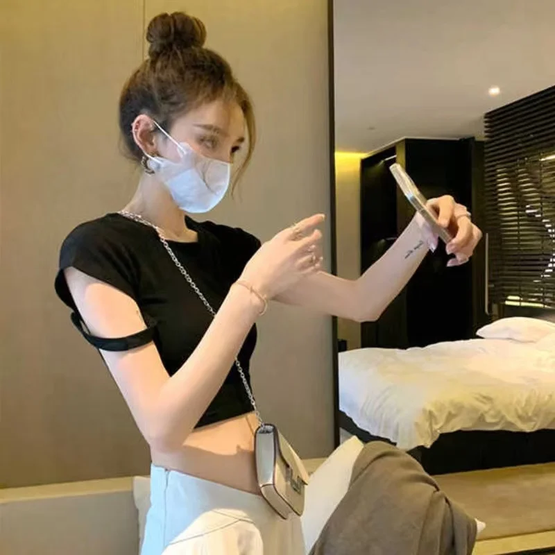 セクシーな白い伸縮性のあるTシャツ、女性用サマーベーシックデザイン、レディーストップ、ポリエステル繊維、薄手の丸首Tシャツ