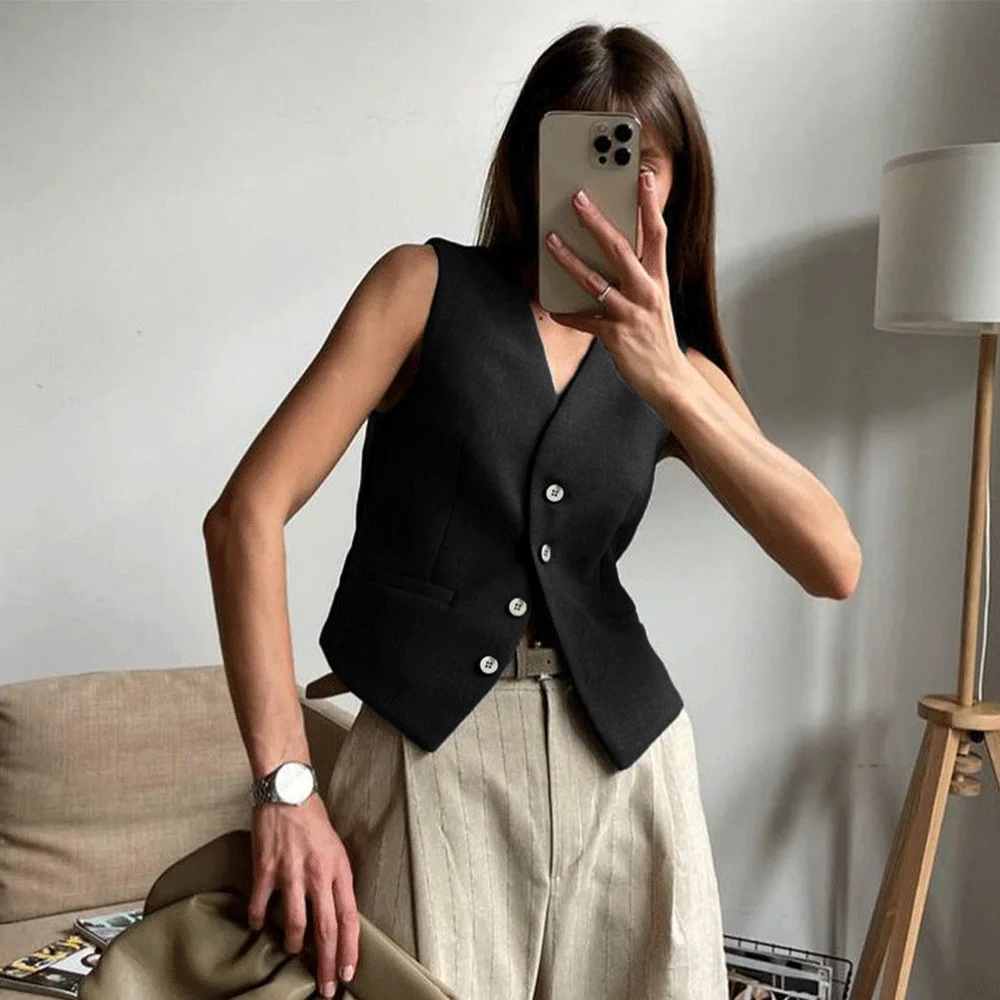 Black Women\'s Sleeveless Vest Woman V Neck Single Breasted Casual Waistcoat 2024 Plus Size Women Clothing Summer Lady Vests