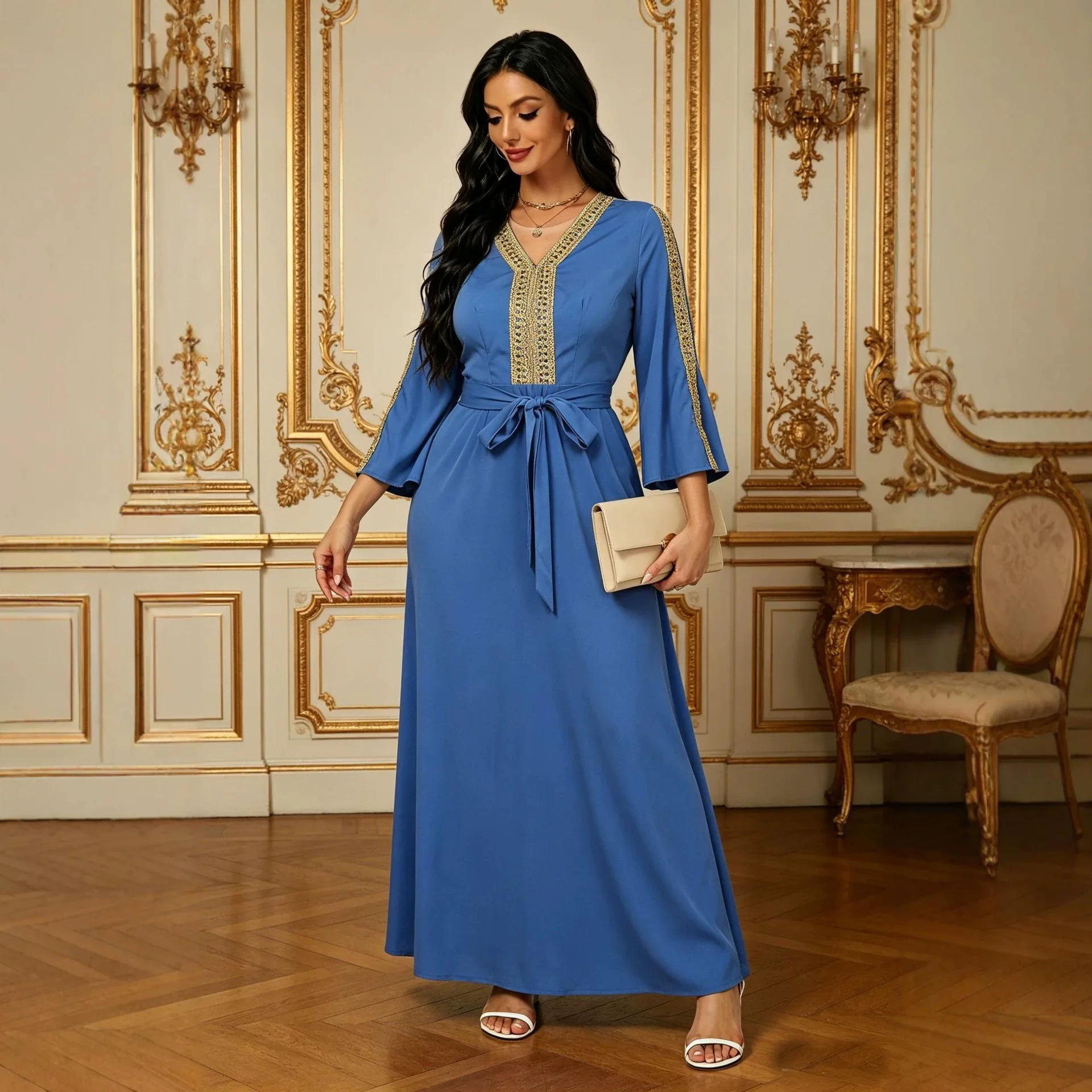 

Dress With Gold Thread Luxurious Lace Decoration, Mid-sleeve Long Dress For Women With Belt Ramadan Dubai Luxury Islam Elegant
