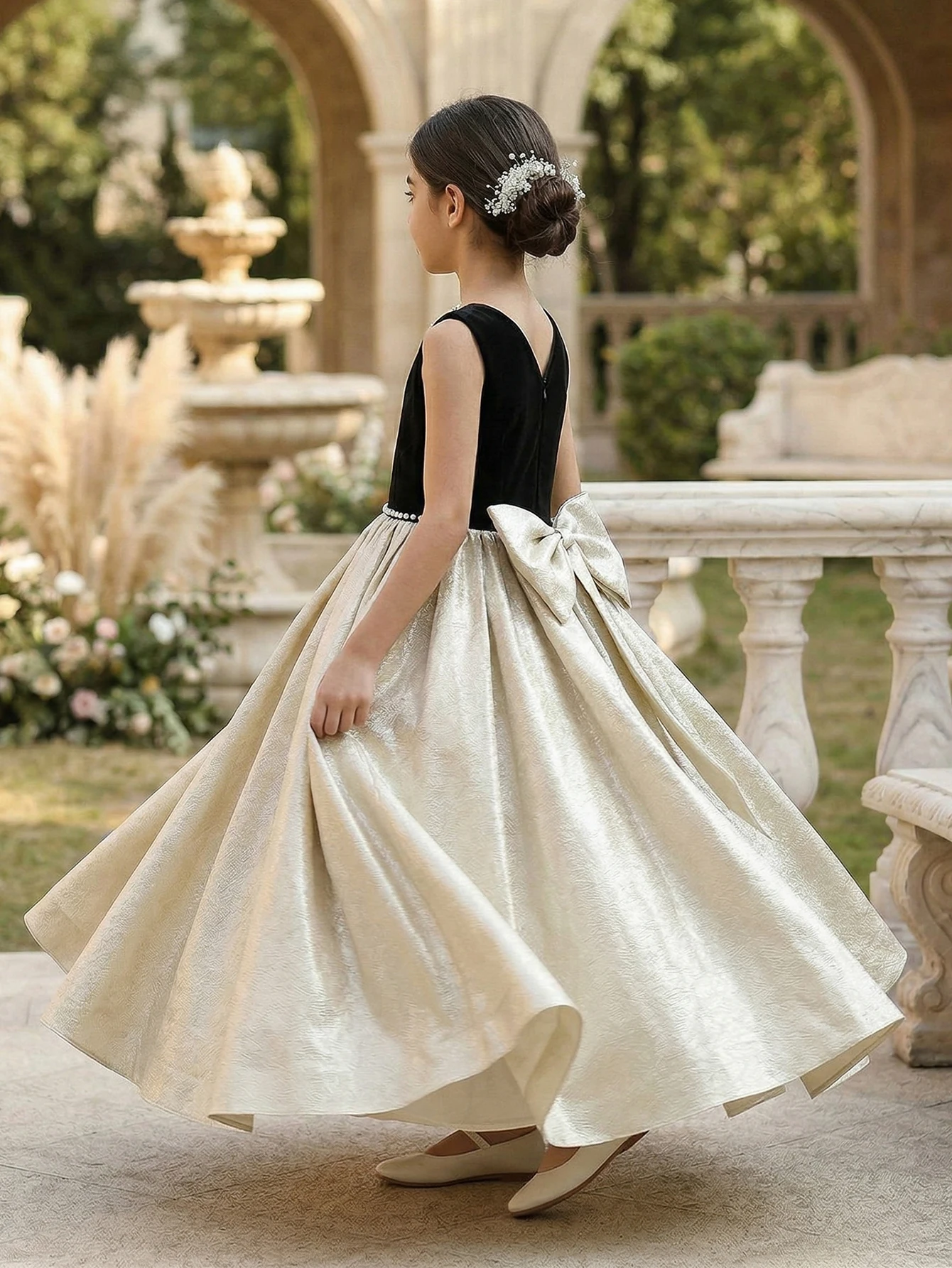 Tween Girl Black Patchwork Golden Satin Surface Elegant Princess Dress Party Gown Birthdays, Weddings, Party, Special Occasions view 6