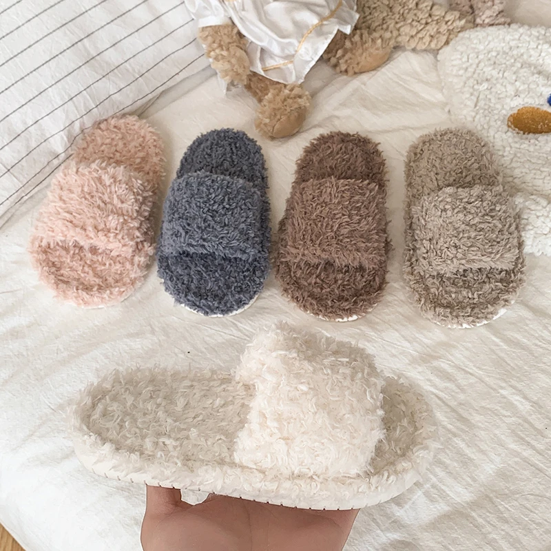 

Winter New Kids Open-toe Slippers Solid Color Versatile Girls Home Cotton Shoes Fashion Warm Fluffy Children Fur Slippers Soft
