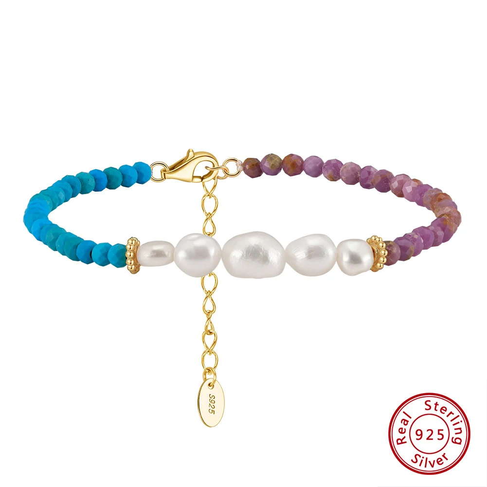 

Kiss Mandy 3mm Turquoise Bracelet S925 Silver Boho Handmade Purple Mica & Baroque Pearl 14K Gold Plated Beads Jewellery MPB04