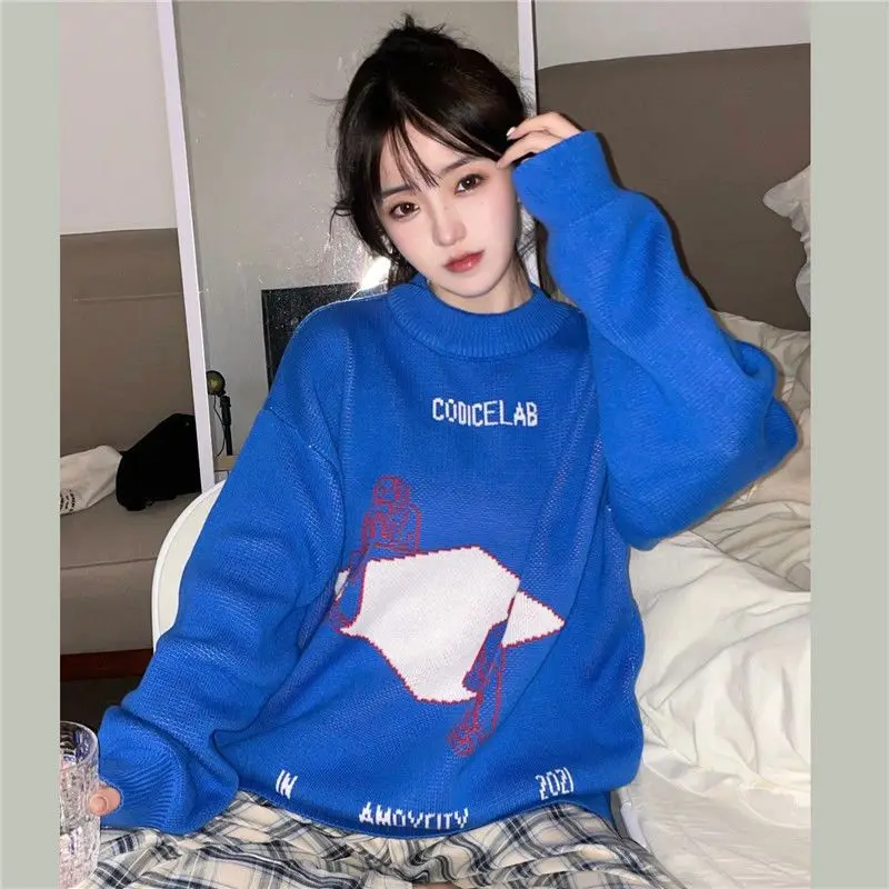 

Klein Blue Round Neck Pullover Sweater Women Autumn Winter New College Style Loose Long-Sleeved Knitted Design Top