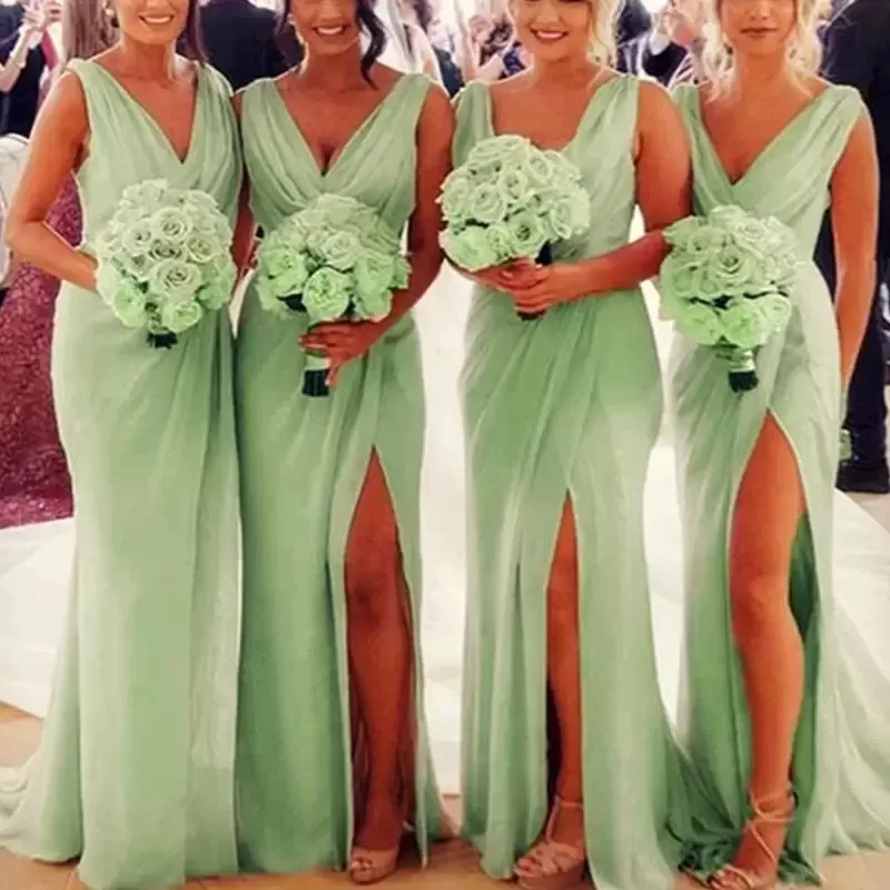 

ANGELSBRIDEP Mint Green Bridesmaid Dress Women's Chiffon Pleated V-Neck A-Line Long Wedding Party Dress Formal Bride Guest Gowns