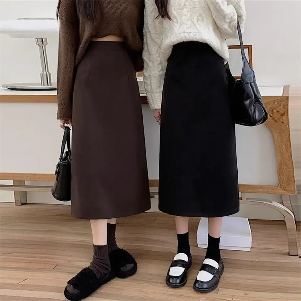 Women Workwear Skirt Elegant Women's A-line Skirt with High Waist Retro Slit Detail for Autumn Winter Flattering Midi for A