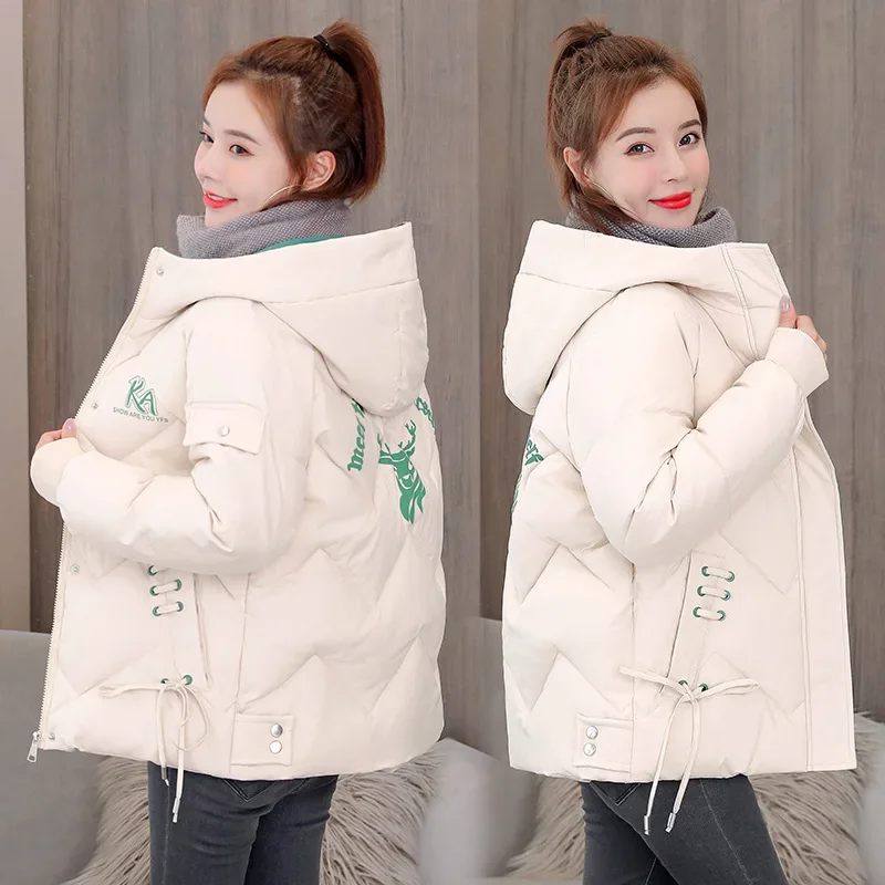 

Warm Thicken Windproof Zipper Office Lady Outerwear Women Parkas Coat Winter Cotton Jacket Print Overcoat Hooded Pockets