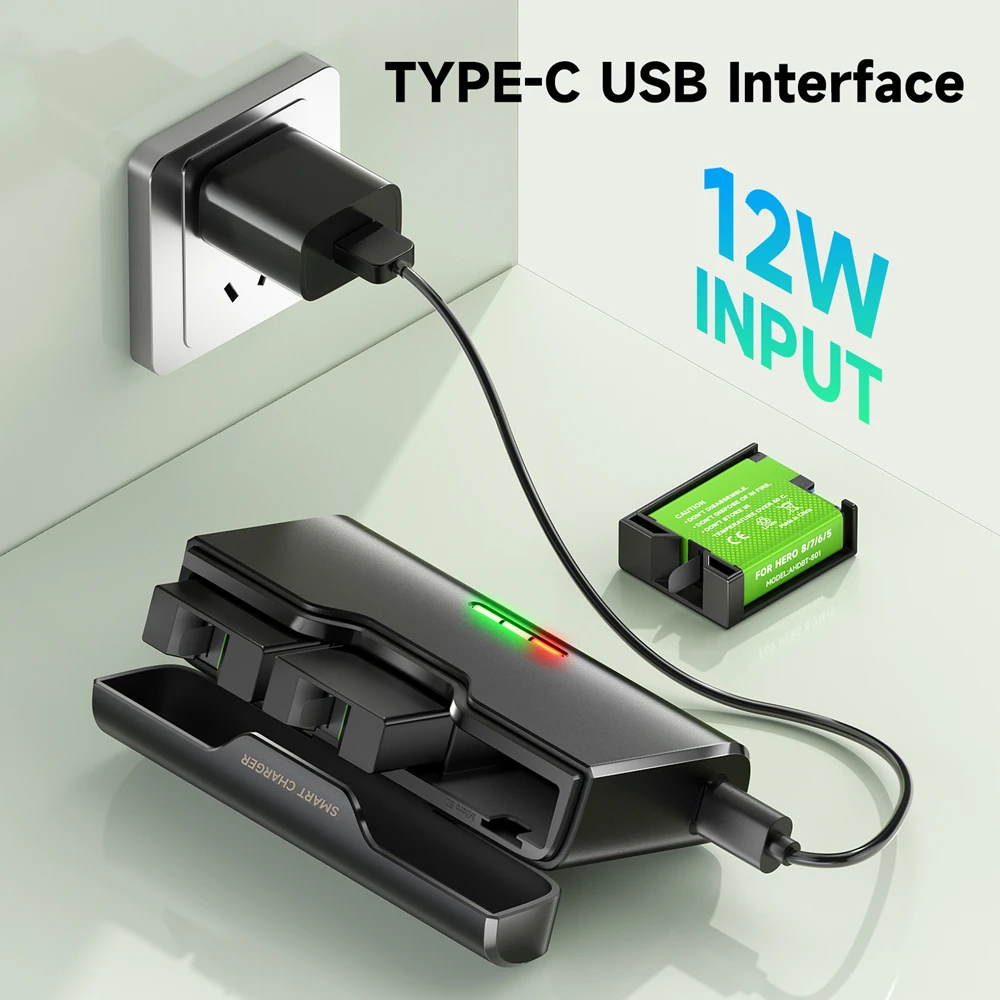 For GoPro 8 7 Hero 6 5 Battery Pack + 3 Slots LED Type C Charging Charger Card Storage Box for Go Pro 8 7 1800mAh Camera Bateria