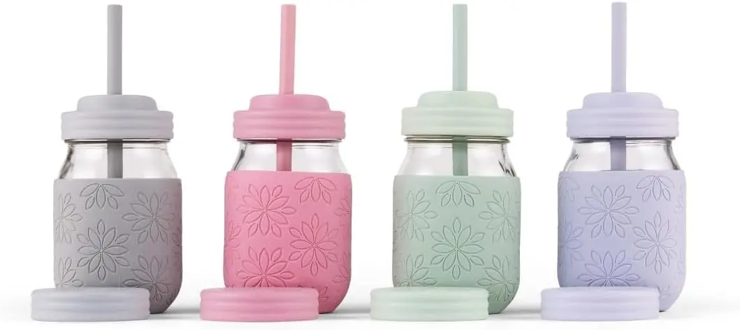

16 oz Mason Jar Cups with Straw Lids + Silicone Straws | Pint Glass Jars | Smoothie Cups | Drinking Glasses