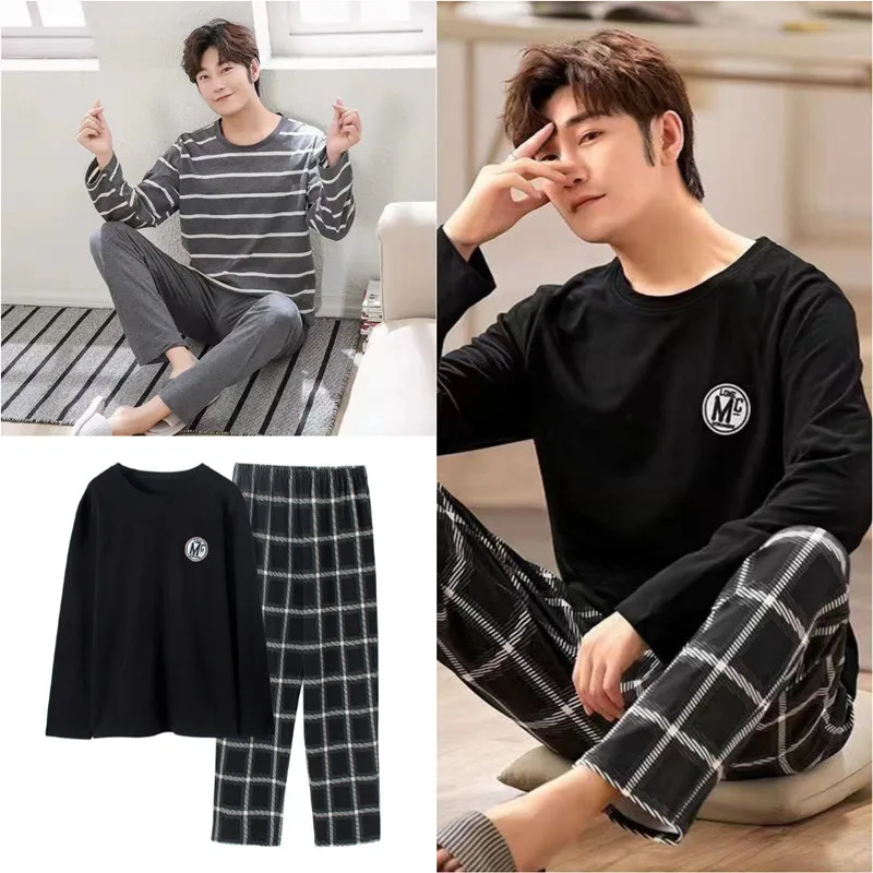 Men\'s Round Neck Home Wear Long-Sleeved Long Pants Suit Spring and Winter Models of Casual Striped Pajamas Two-Piece Set