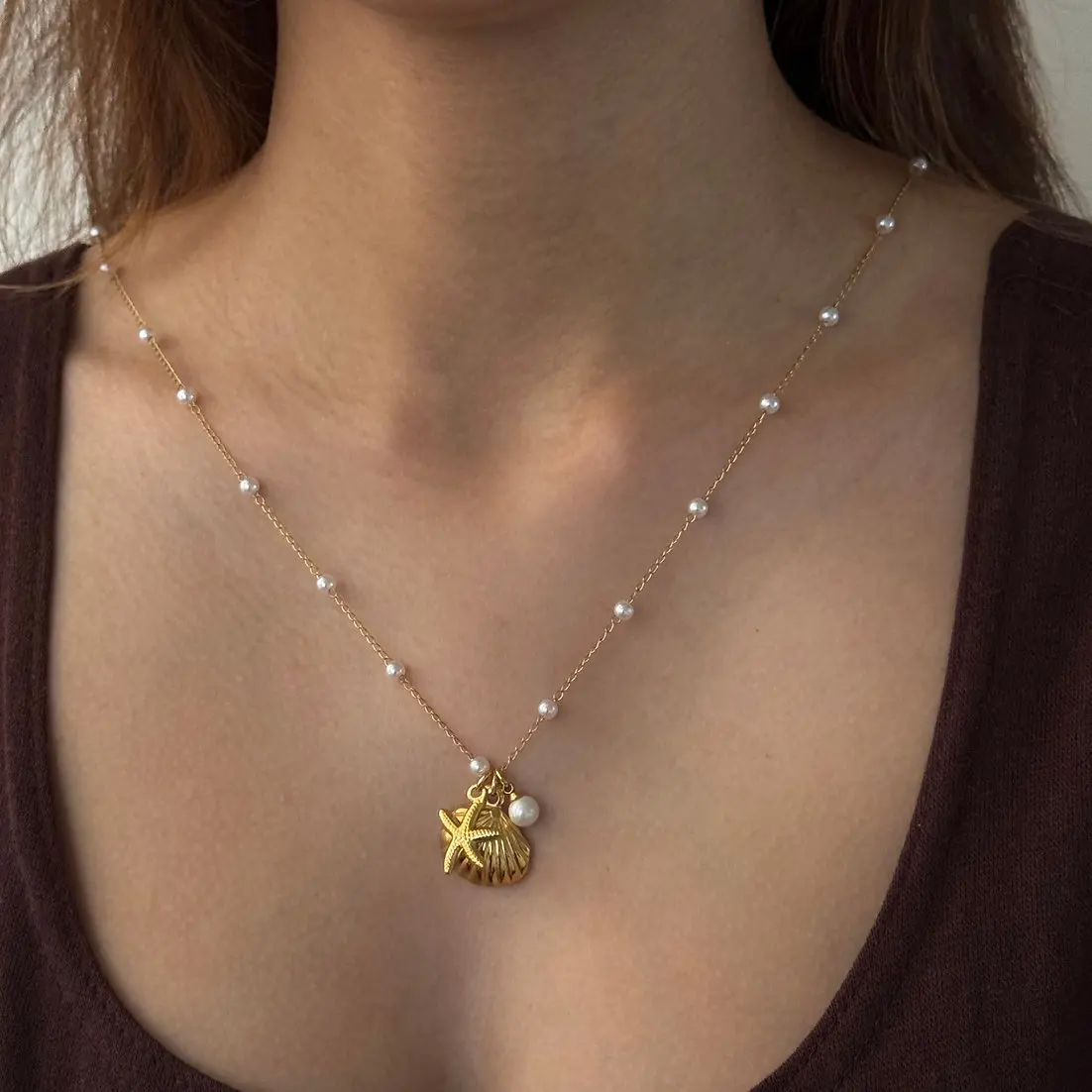 Boho Gold Farbe Shell Imitation Perle Anhänger Halskette Für Frauen Trendy Glück Schmuck Geometrische Runde Charme Schlüsselbein Kette – Detail 1