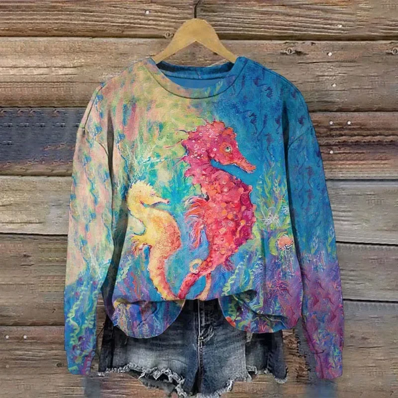 Seahorse Couple Oil Painting Art Print Crew Neck Sweatshirt 3D Printed Women Casual Pullover