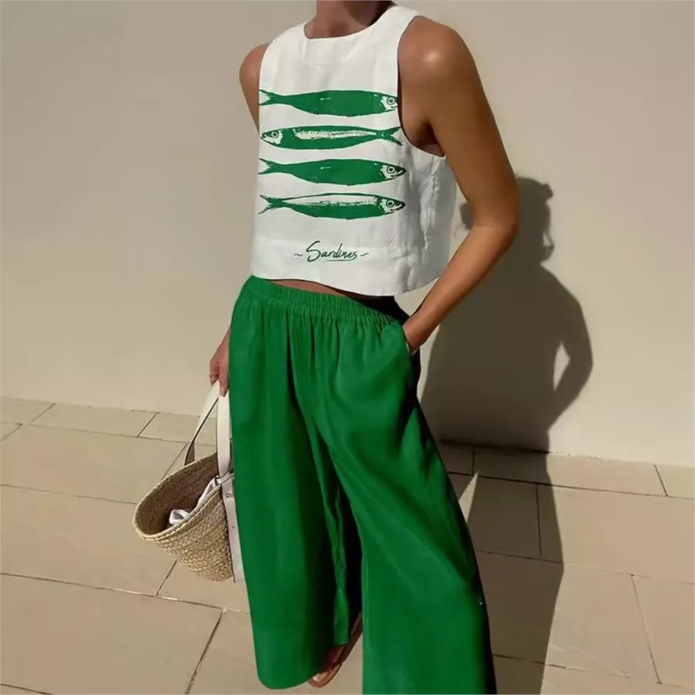 Bohemian Casual Vest And Long Pants Vacation Set Fashion Salmon Print Top Loose Wide-leg Long Pants For Women 2-piece Set 2025