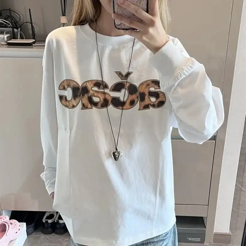 

Новая женская футболка с длинными рукавами из чистого хлопка, весенне-осенний свободный универсальный верхний топ с буквенным принтом