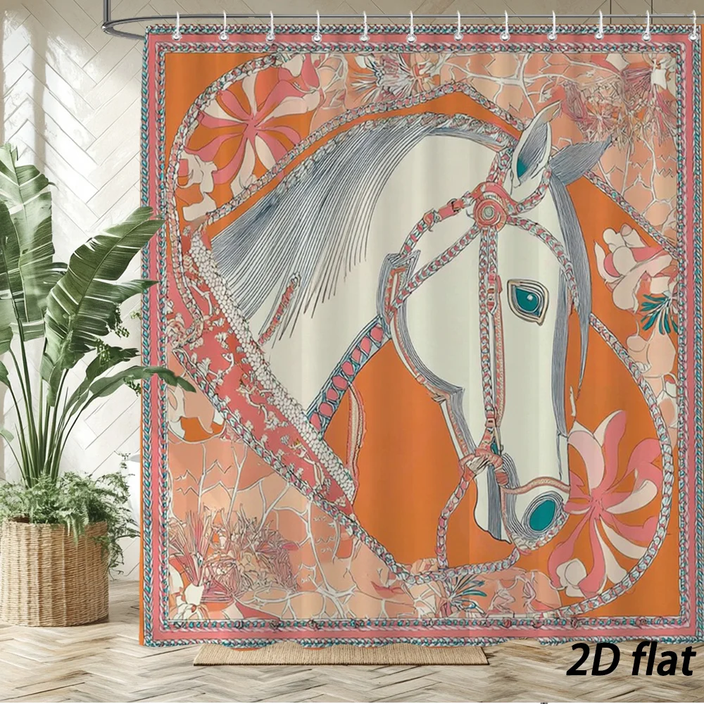 

Horse Head Shower Curtain Hooks 2D Flat Print Floral Border Orange Background Decorative Bridle Blue Green 180x180cm71x71in