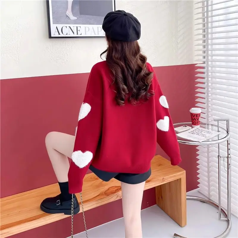 DAYIFUN Red Sweaters Women's Love Contrasting Color Design Loose Knit Pullovers 2023 Autumn Winter New Fashionable Jumpers Tops