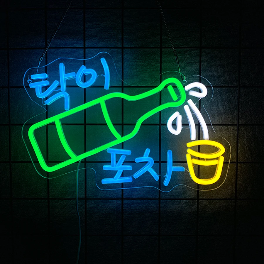 Letrero LED de neón con diseño de botella y cubo de Soju coreano Tak Pocha, alimentado por USB, decoración de pared para bar, restaurante coreano de BBQ, cocina, regalo