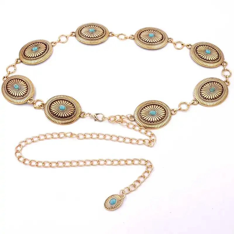 cinto-de-cintura-feminino-versatil-estilo-Etnico-ocidental-com-corrente-de-metal-retro-decorada-com-turquesa-e-padrao-geometrico-liso