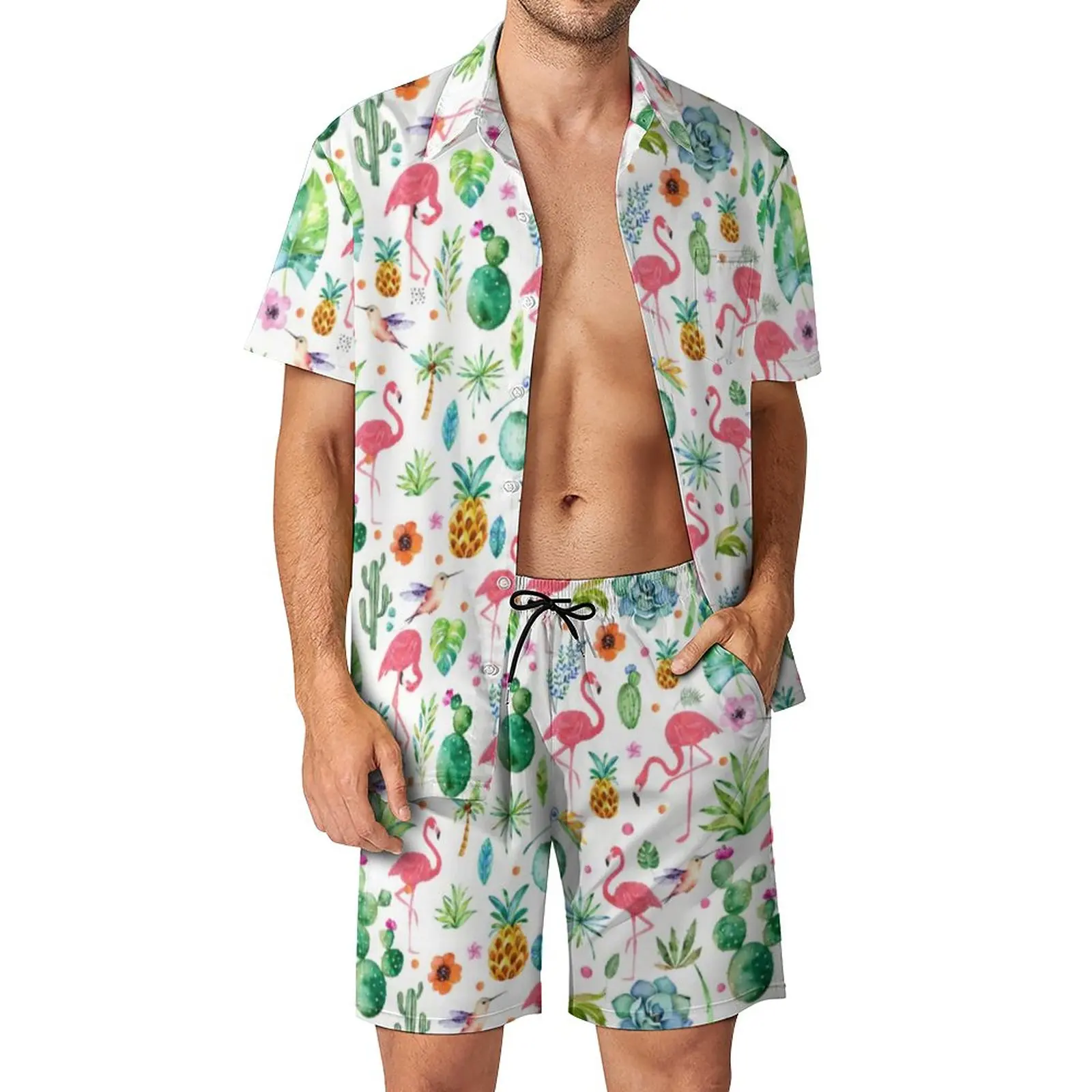 Conjuntos de flamencos para hombre, pantalones cortos informales con estampado de flores tropicales, frutas y pájaros, conjunto de camisa de playa, traje de diseño Hawaiano de verano, ropa de gran tamaño