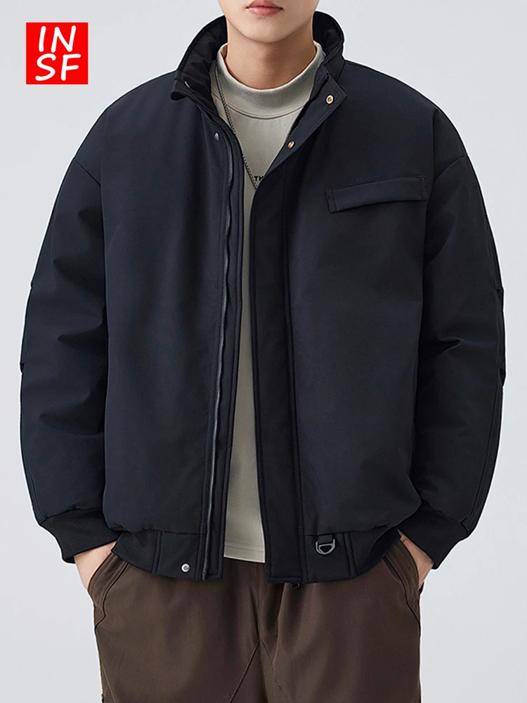 

Winter New Bla Stand Collar Casual Warmth Men's Cotton Workwear Jaet Pure Color Trendy Outerwear Long Sve Zipper Closure