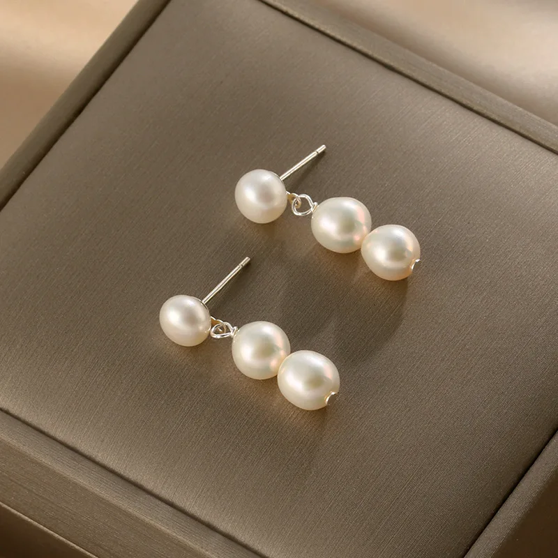 

High Quality 6-7mm Rice Shape Freshwater Pearl Stud Earrings for Women Handmake Tassel Female Drop Earrings Jewelry Gift