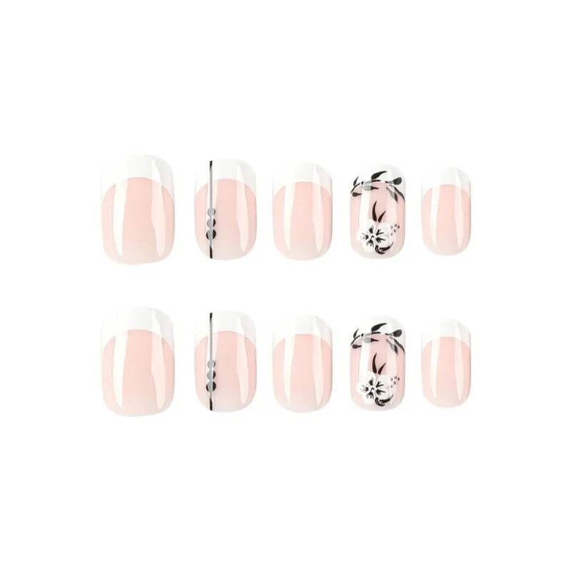 24 Pcs 광장 프랑스어 중간 짧은 가짜 손톱 접착제 거짓 손톱 꽃 보철 손톱 세트 여성을위한 손톱에 휴일 프레스