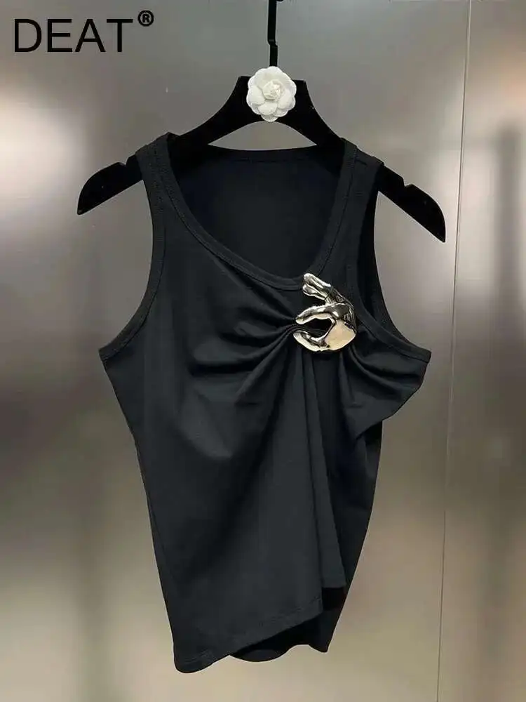 DEAT moda mujer Color sólido camisola arrugada 2025 primavera nuevos artículos cuello redondo sin mangas camiseta sin mangas femenina 11XX7428