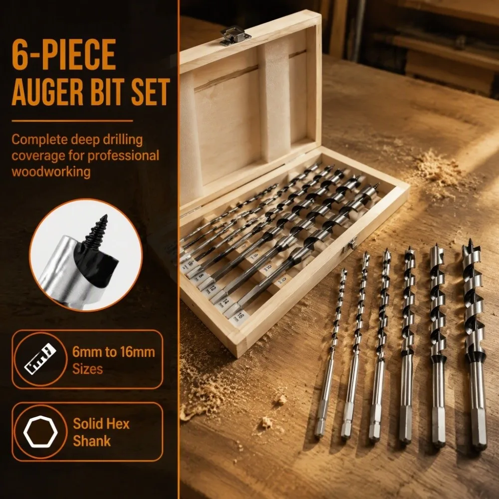 6pcs Hex Shank Auger Drill Bit Set Twist Design 9 Inch Length Ship Auger Bits 1/4 To 1 Inch Wooden Storage Box Long Auger Bits