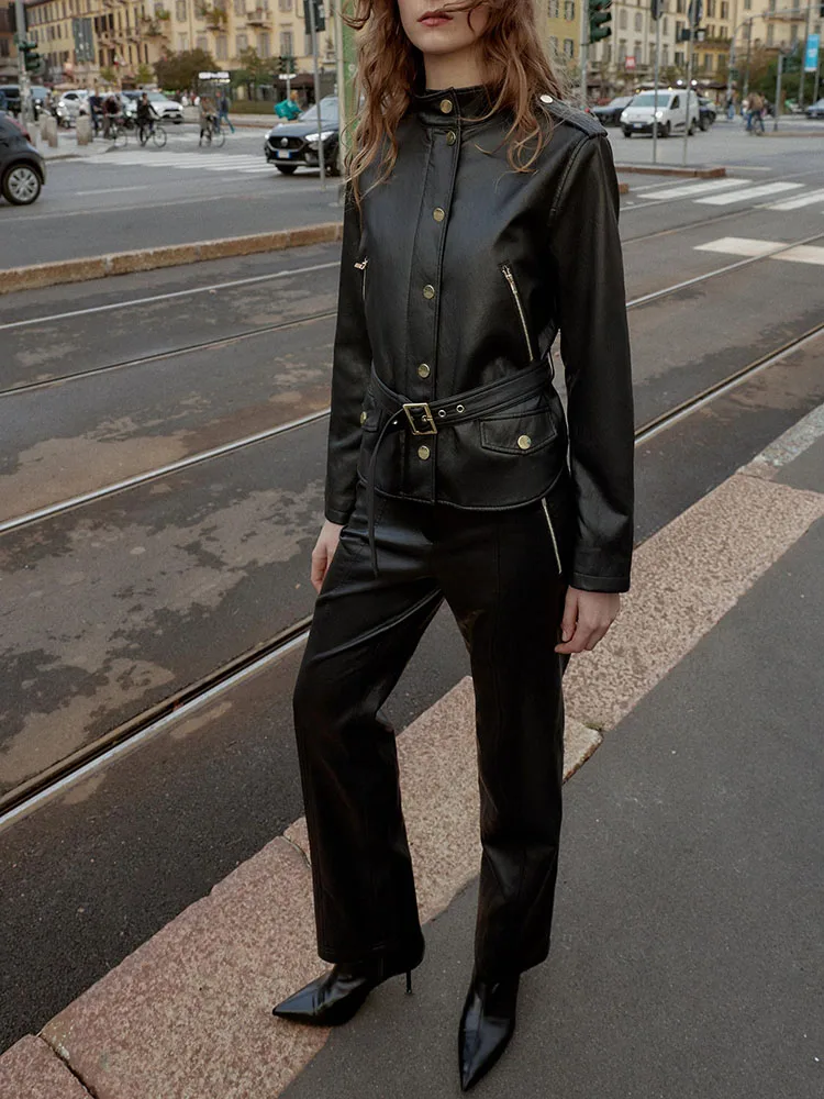 冬の新作レディースジャケットコート、レザーパンツ、ロング丈、ボタン留め、レディースファッションアウター