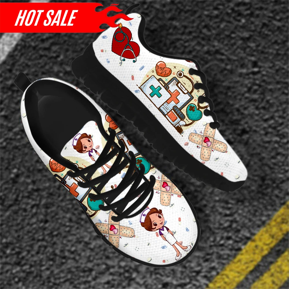 Women's Nurse Sneakers Medical Print Flat Shoes for Female Nurse Girls Cartoon Pattern Footwear Zapatos Enfermera