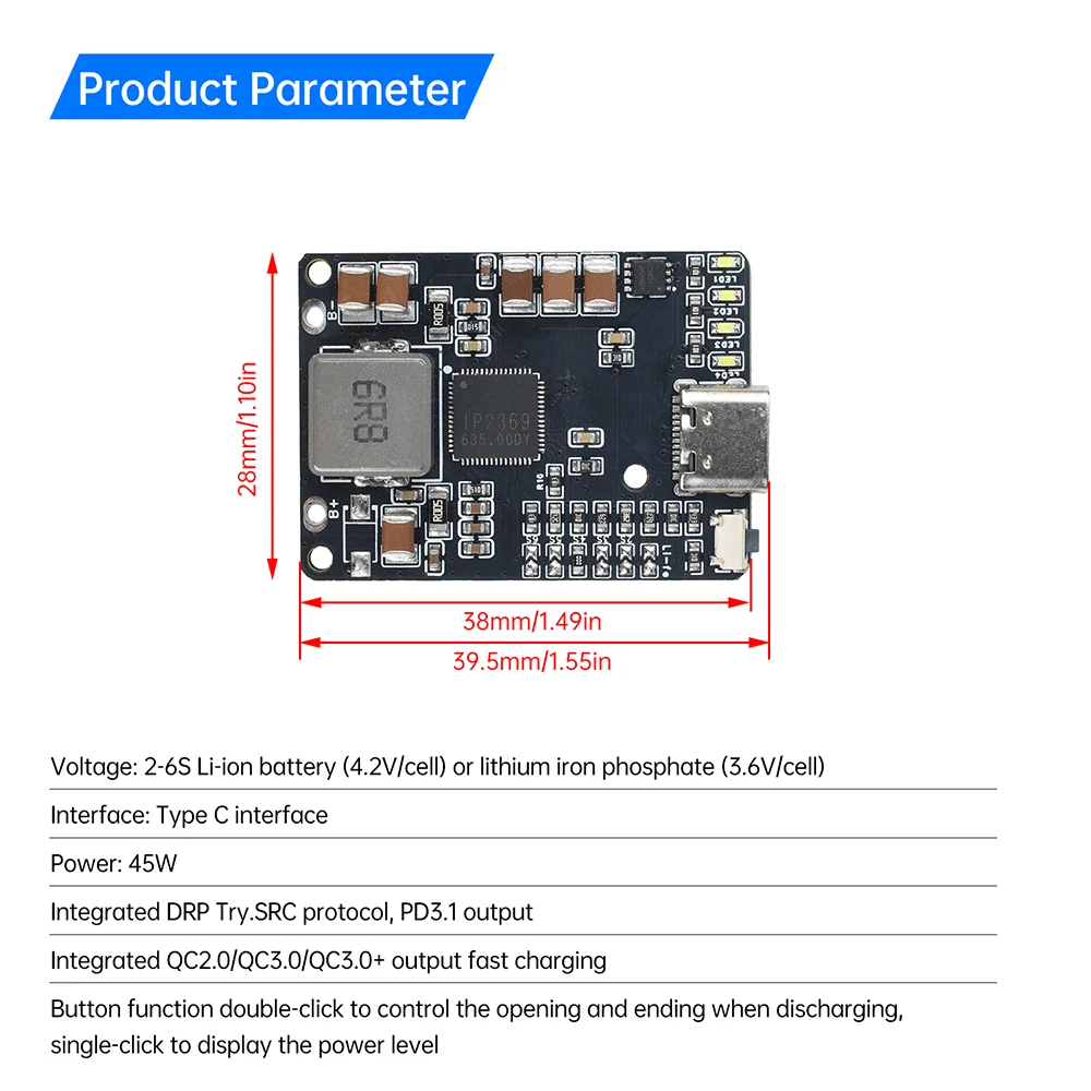 IP2369 45W 2S ~ 6S Carregador de bateria de lítio/módulo descarregador Tipo-C PD3.1 Carregamento rápido 3S 4S 5S Li-ion/LiFePO4 Baterias BMS
