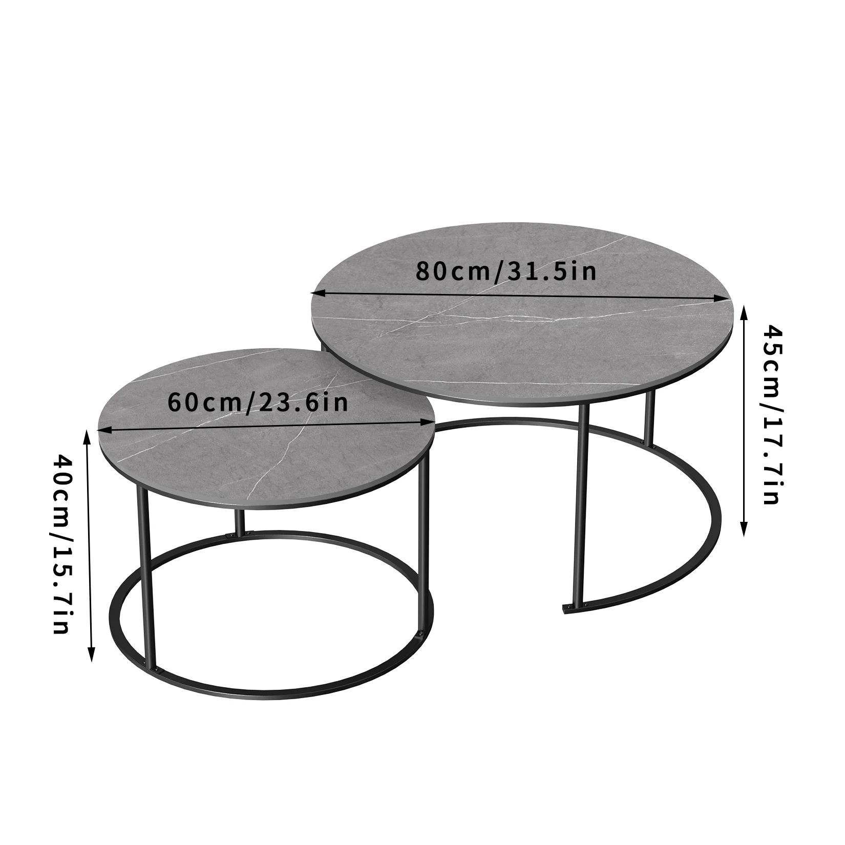 Ensemble de table basse en marbre gris rond nidification moderne, table en pierre frittée, pieds en métal, meubles de maison