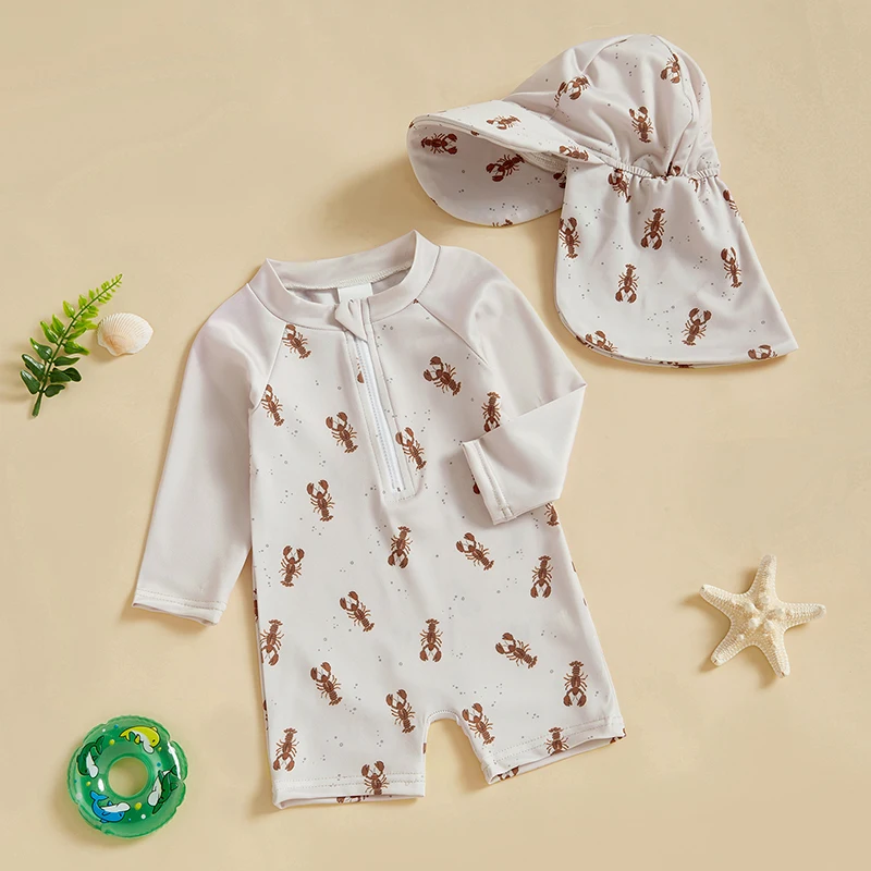 Toddler Rash Guard Swimsuits with Hat 2 Pcs Set Crab Lobster Whale Pattern Zip Up Long Sleeve Crew Neck Baby Swimwears