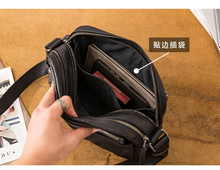 outdoor travel luxury handmade first layer cowhide men's black shoulder bag casual daily commuting genuine leather crossbody bag