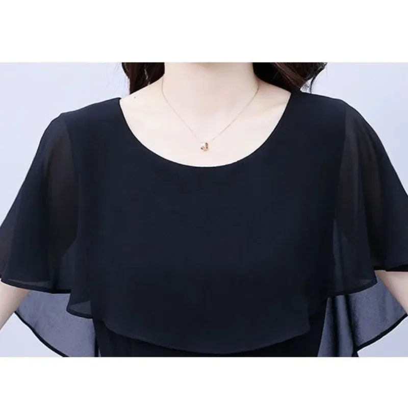 Pulôver feminino de verão, cor sólida, manga borboleta, chiffon, gola redonda, gaze confortável, em camadas, elegante, saias no joelho, vestidoszt19