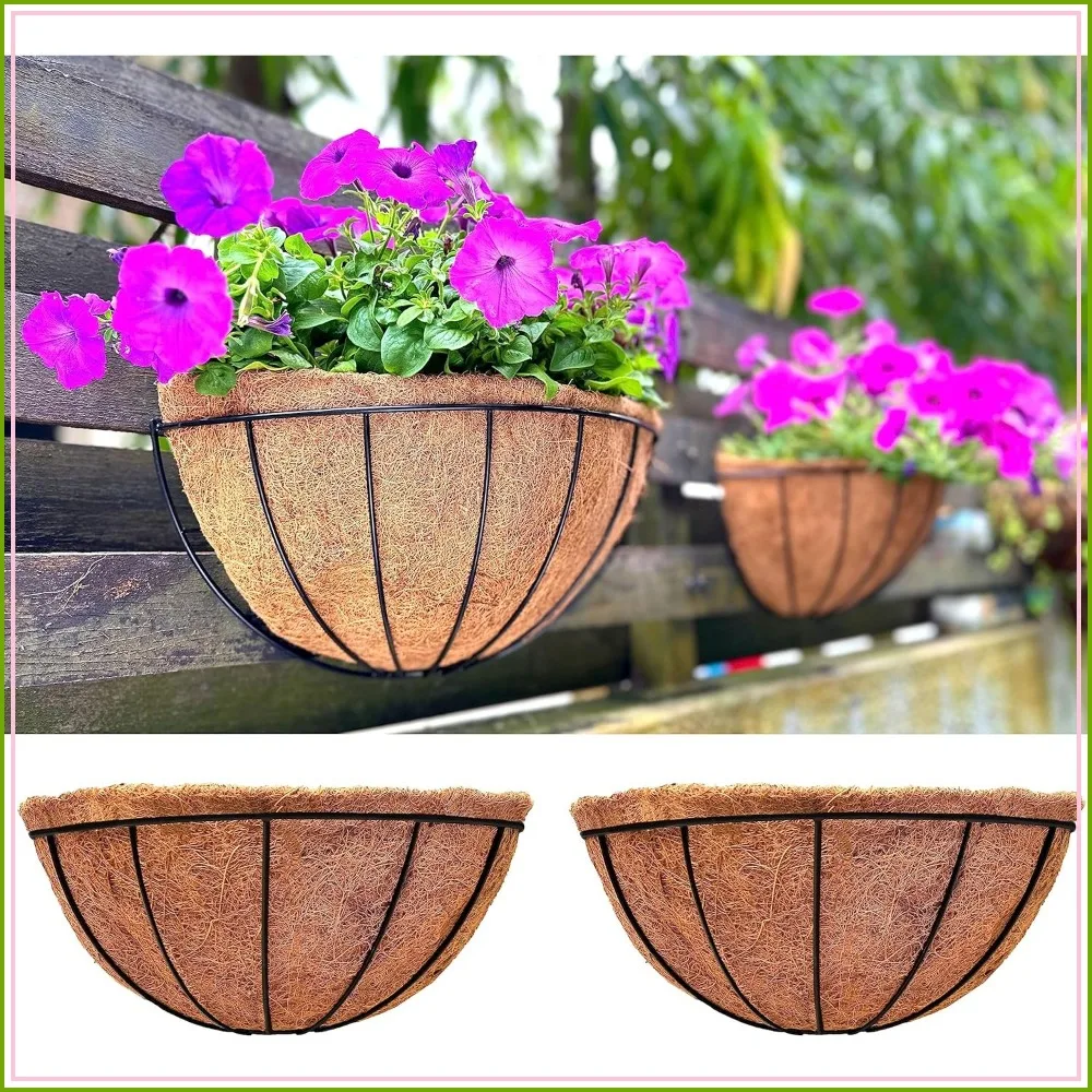 

16" Large Wall Planter, 2 Pack Rail Hanging Pot with Coco Liner, Black Metal Flower Basket for Fence, Balcony, Garden