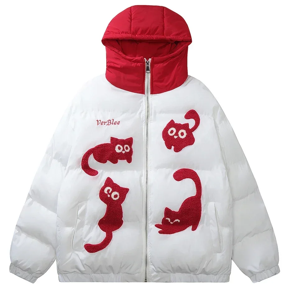 Veste matelassurera surdimensionnée brodée de dessin animé pour hommes et femmes, parkas épaisses mignonnes, streetwear Hip Hop, CombPatchwork, hiver