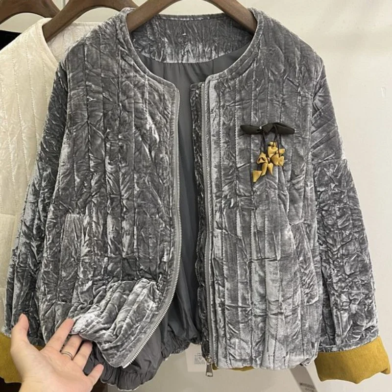 

Серая куртка-кардиган на молнии в китайском стиле, женское высококачественное плотное женское хлопковое пальто, теплая зимняя одежда с длинными рукавами и круглым вырезом