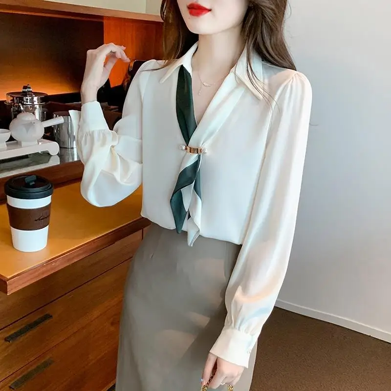 Women Bow Tie Luxury Design Elegant Blouse Korean Fashion Business Casual Office Lady Shirt Spring Autumn V Neck Long Sleeve Top